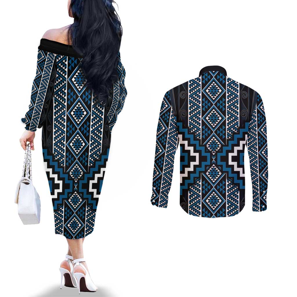 Azure Tukutuku Pattern Aotearoa Couples Matching Off The Shoulder Long Sleeve Dress and Long Sleeve Button Shirt Niho Taniwha and Puhoro Motifs