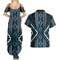 Azure Tukutuku Pattern Aotearoa Couples Matching Summer Maxi Dress and Hawaiian Shirt Niho Taniwha and Puhoro Motifs