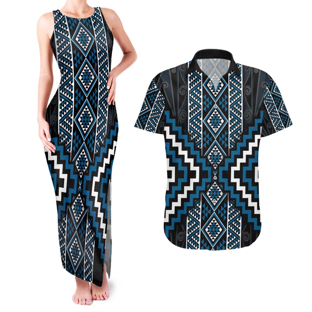 Azure Tukutuku Pattern Aotearoa Couples Matching Tank Maxi Dress and Hawaiian Shirt Niho Taniwha and Puhoro Motifs