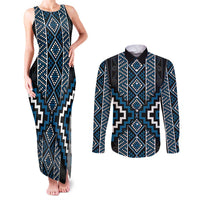Azure Tukutuku Pattern Aotearoa Couples Matching Tank Maxi Dress and Long Sleeve Button Shirt Niho Taniwha and Puhoro Motifs