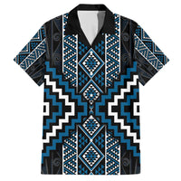 Azure Tukutuku Pattern Aotearoa Family Matching Off The Shoulder Long Sleeve Dress and Hawaiian Shirt Niho Taniwha and Puhoro Motifs