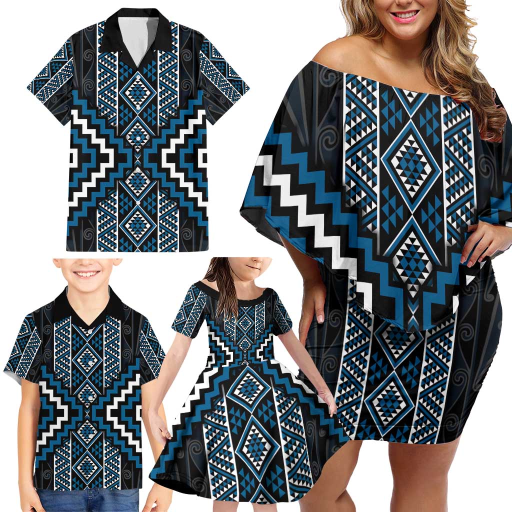 Azure Tukutuku Pattern Aotearoa Family Matching Off Shoulder Short Dress and Hawaiian Shirt Niho Taniwha and Puhoro Motifs LT7 - Polynesian Pride