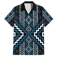 Azure Tukutuku Pattern Aotearoa Family Matching Off Shoulder Short Dress and Hawaiian Shirt Niho Taniwha and Puhoro Motifs LT7 Dad's Shirt - Short Sleeve Blue - Polynesian Pride