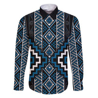 Azure Tukutuku Pattern Aotearoa Family Matching Off Shoulder Short Dress and Hawaiian Shirt Niho Taniwha and Puhoro Motifs LT7 Dad's Shirt - Long Sleeve Blue - Polynesian Pride