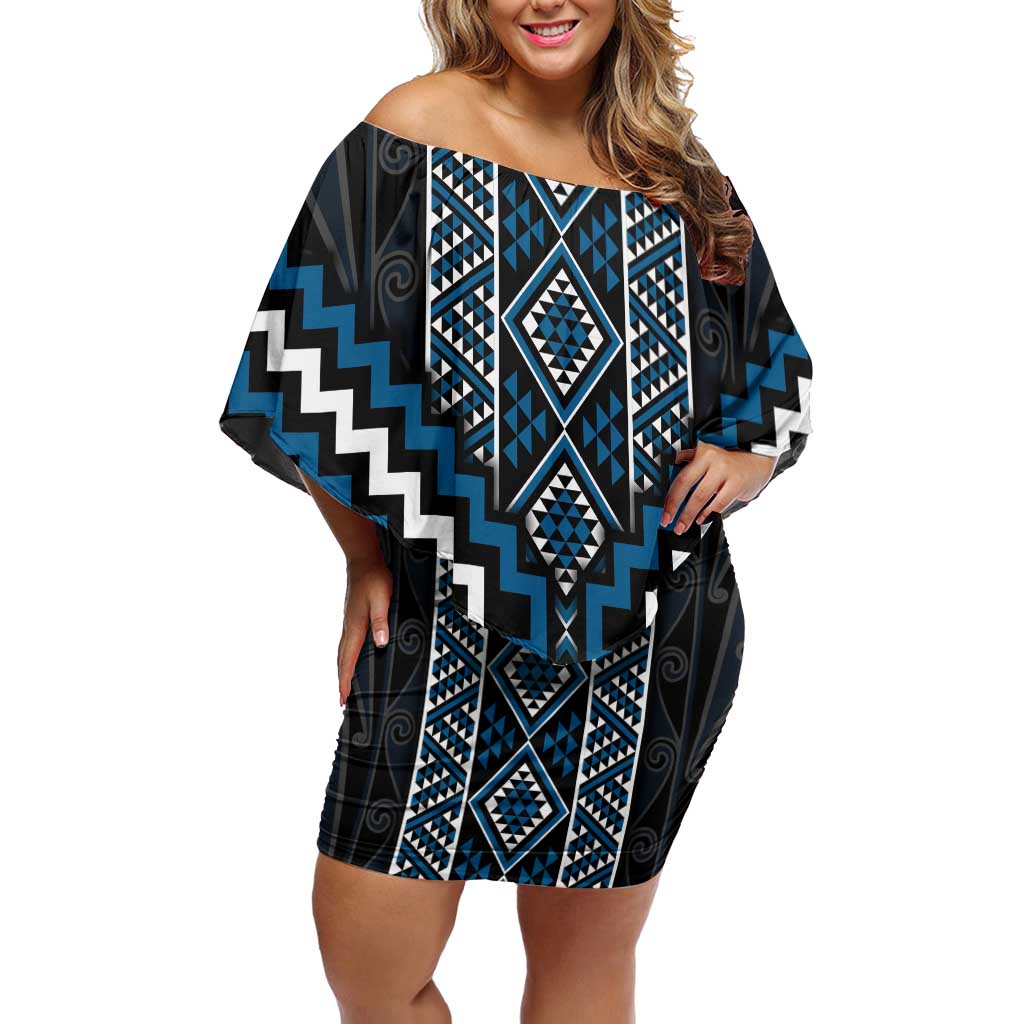 Azure Tukutuku Pattern Aotearoa Family Matching Off Shoulder Short Dress and Hawaiian Shirt Niho Taniwha and Puhoro Motifs LT7 Mom's Dress Blue - Polynesian Pride
