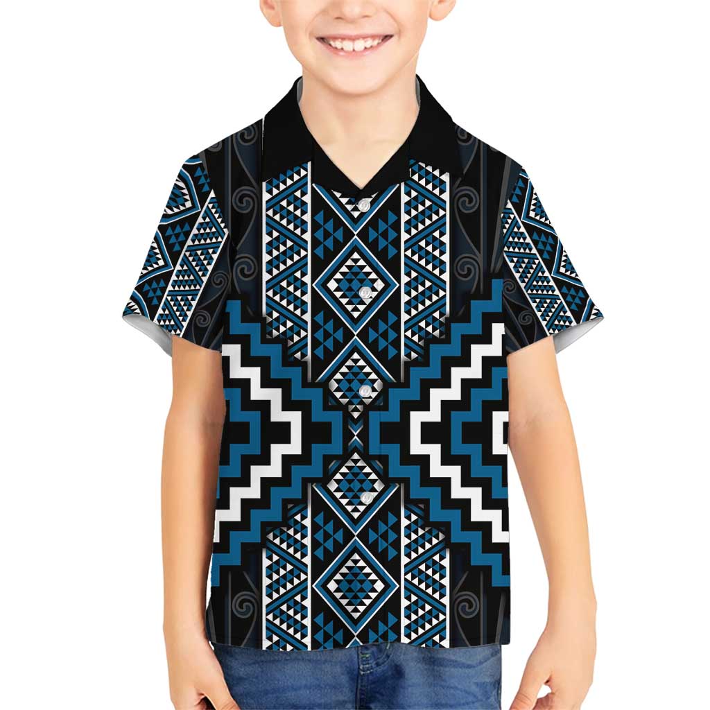 Azure Tukutuku Pattern Aotearoa Family Matching Off Shoulder Short Dress and Hawaiian Shirt Niho Taniwha and Puhoro Motifs LT7 Son's Shirt Blue - Polynesian Pride
