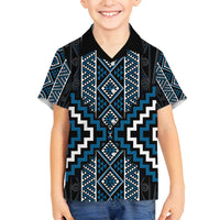 Azure Tukutuku Pattern Aotearoa Family Matching Off Shoulder Short Dress and Hawaiian Shirt Niho Taniwha and Puhoro Motifs LT7 Son's Shirt Blue - Polynesian Pride