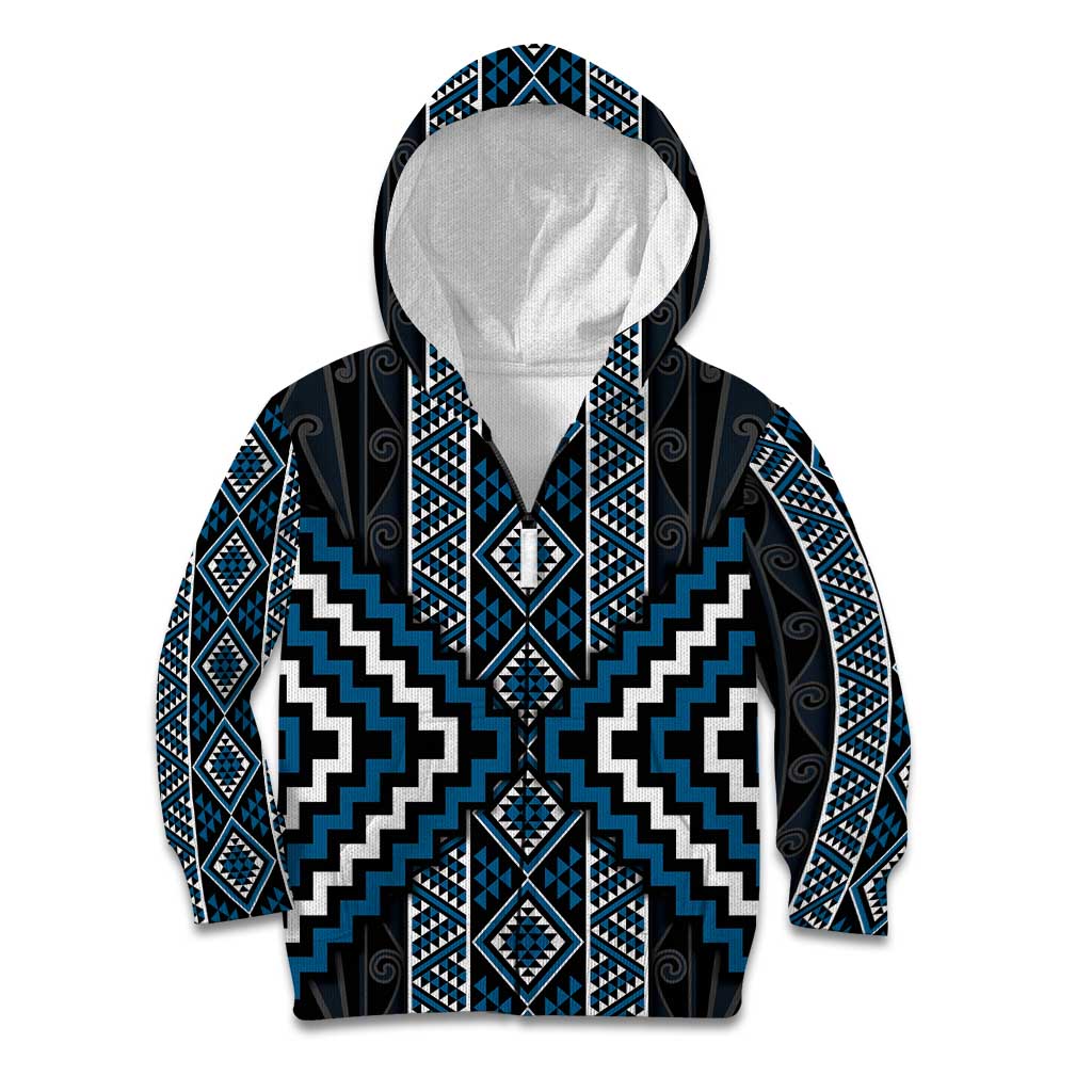Azure Tukutuku Pattern Aotearoa Kid Hoodie Niho Taniwha and Puhoro Motifs