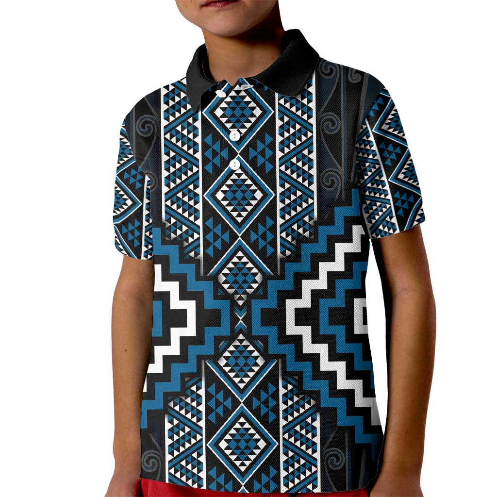 Azure Tukutuku Pattern Aotearoa Kid Polo Shirt Niho Taniwha and Puhoro Motifs
