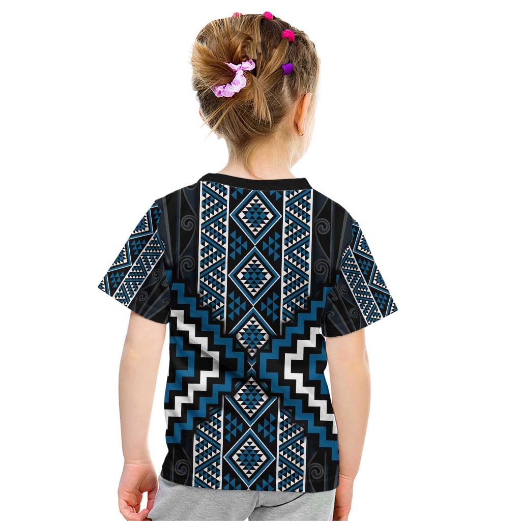 Azure Tukutuku Pattern Aotearoa Kid T Shirt Niho Taniwha and Puhoro Motifs
