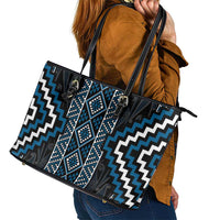 Azure Tukutuku Pattern Aotearoa Leather Tote Bag Niho Taniwha and Puhoro Motifs