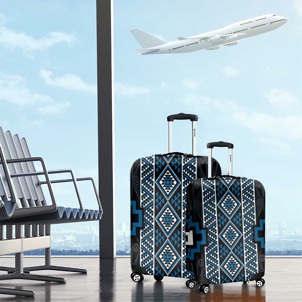 Azure Tukutuku Pattern Aotearoa Luggage Cover Niho Taniwha and Puhoro Motifs