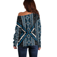 Azure Tukutuku Pattern Aotearoa Off Shoulder Sweater Niho Taniwha and Puhoro Motifs