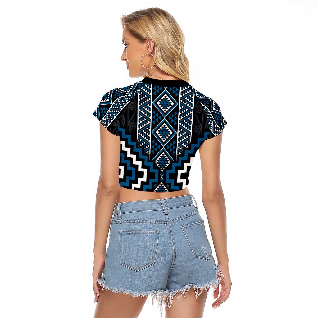 Azure Tukutuku Pattern Aotearoa Raglan Cropped T Shirt Niho Taniwha and Puhoro Motifs