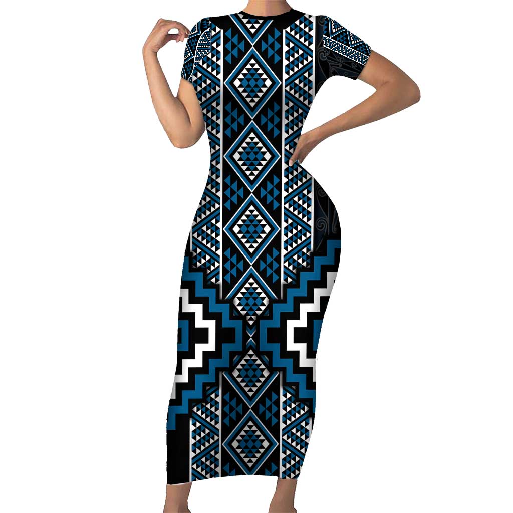 Azure Tukutuku Pattern Aotearoa Short Sleeve Bodycon Dress Niho Taniwha and Puhoro Motifs LT7 Long Dress Blue - Polynesian Pride