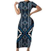 Azure Tukutuku Pattern Aotearoa Short Sleeve Bodycon Dress Niho Taniwha and Puhoro Motifs LT7 Long Dress Blue - Polynesian Pride