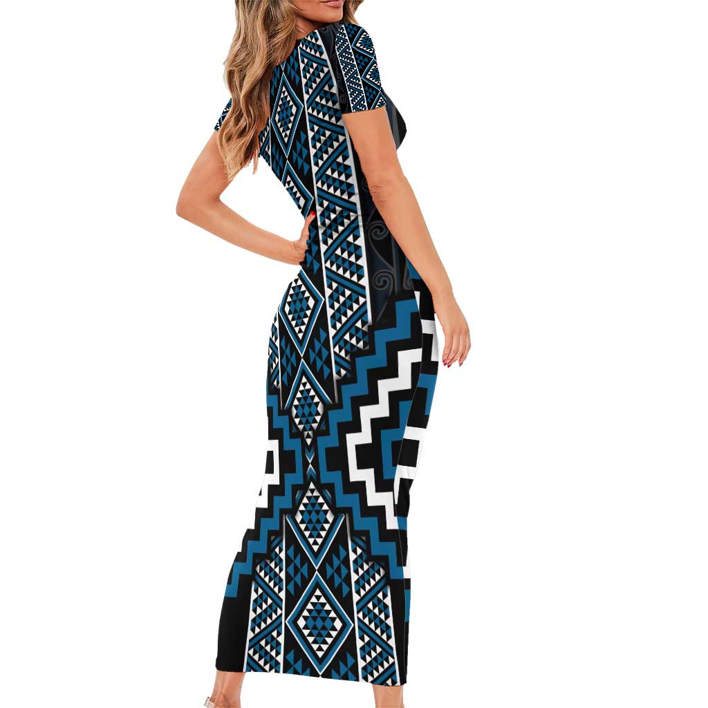 Azure Tukutuku Pattern Aotearoa Short Sleeve Bodycon Dress Niho Taniwha and Puhoro Motifs LT7 - Polynesian Pride