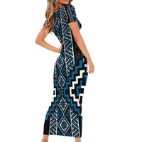 Azure Tukutuku Pattern Aotearoa Short Sleeve Bodycon Dress Niho Taniwha and Puhoro Motifs LT7 - Polynesian Pride