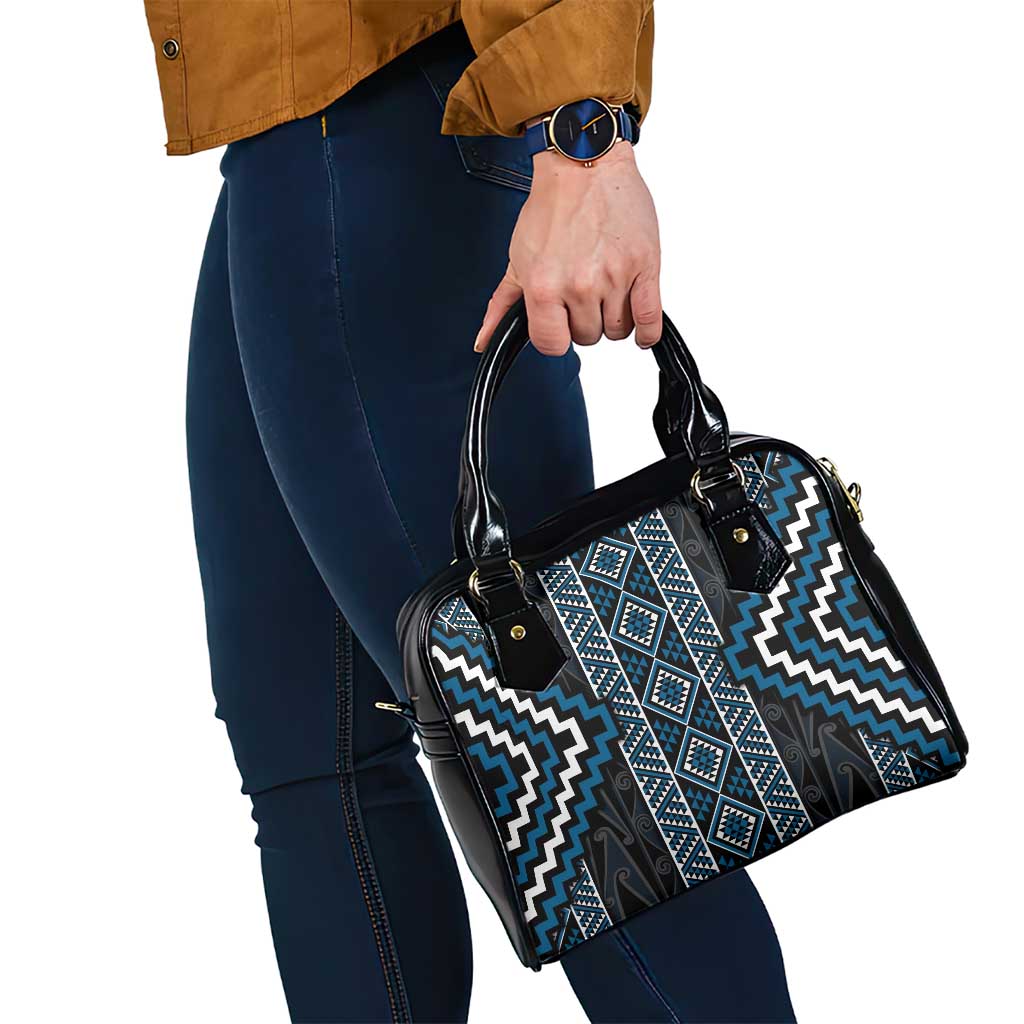 Azure Tukutuku Pattern Aotearoa Shoulder Handbag Niho Taniwha and Puhoro Motifs