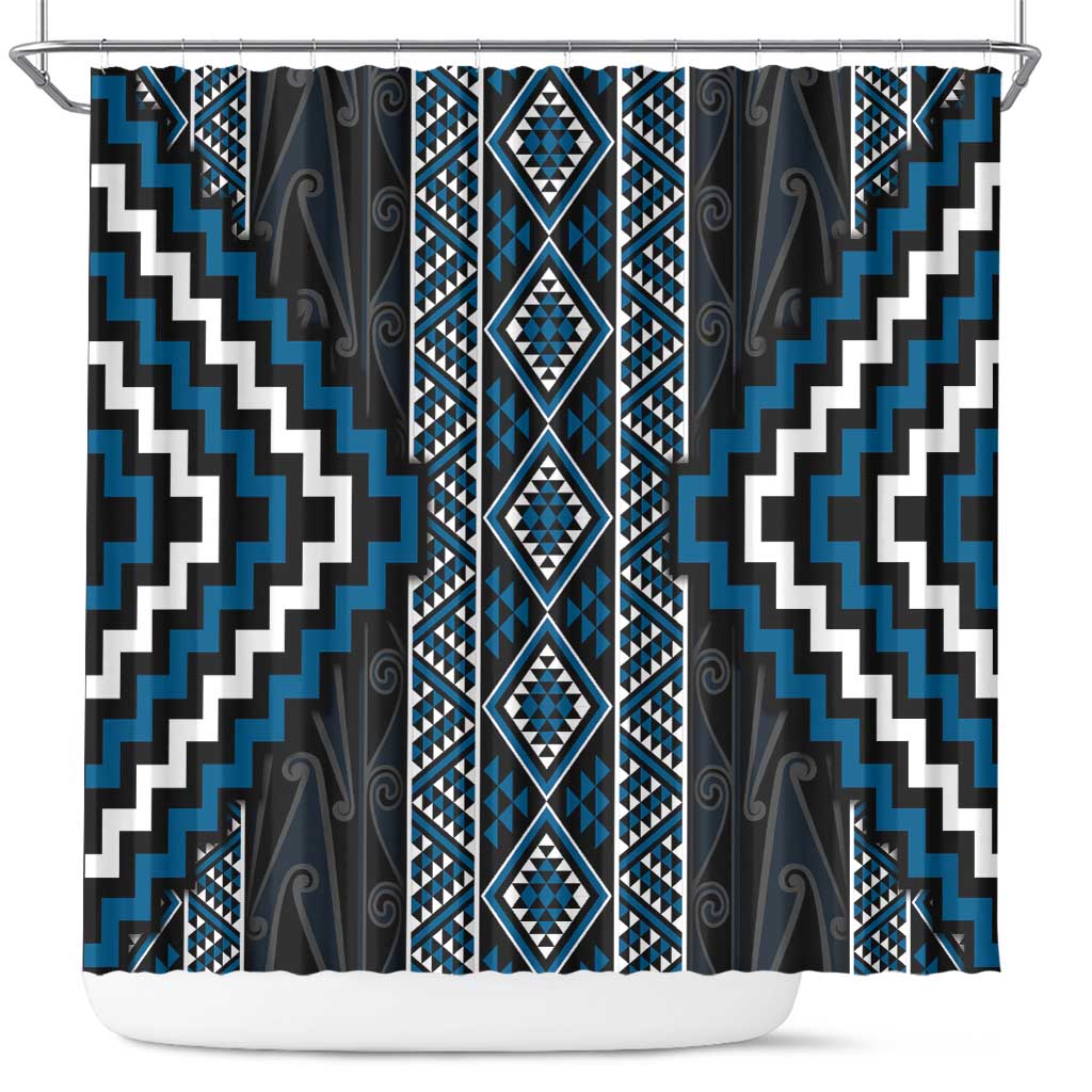 Azure Tukutuku Pattern Aotearoa Shower Curtain Niho Taniwha and Puhoro Motifs
