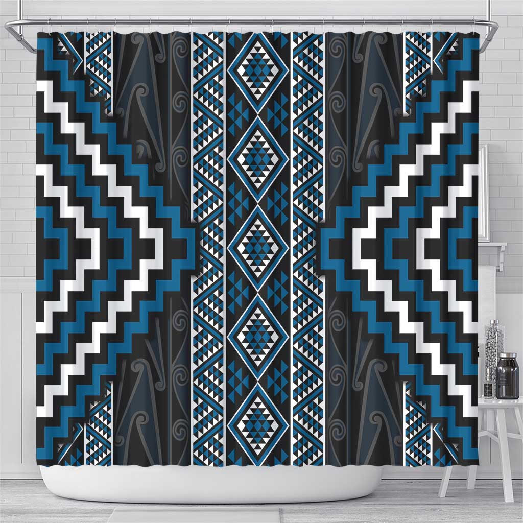 Azure Tukutuku Pattern Aotearoa Shower Curtain Niho Taniwha and Puhoro Motifs