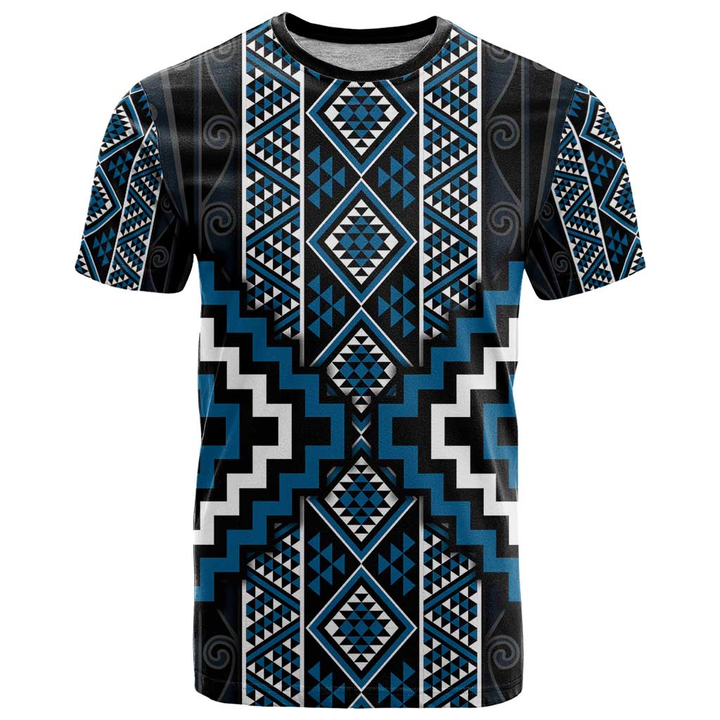 Azure Tukutuku Pattern Aotearoa T Shirt Niho Taniwha and Puhoro Motifs