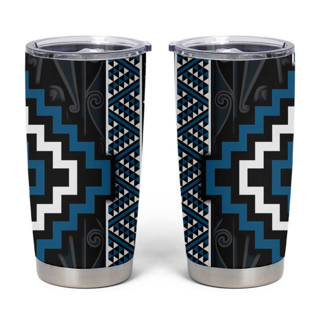 Azure Tukutuku Pattern Aotearoa Tumbler Cup Niho Taniwha and Puhoro Motifs