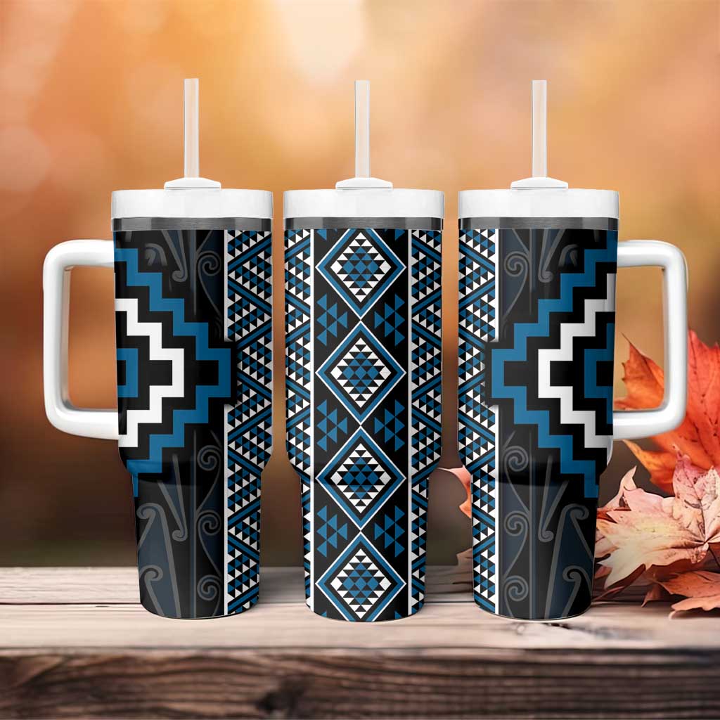 Azure Tukutuku Pattern Aotearoa Tumbler With Handle Niho Taniwha and Puhoro Motifs