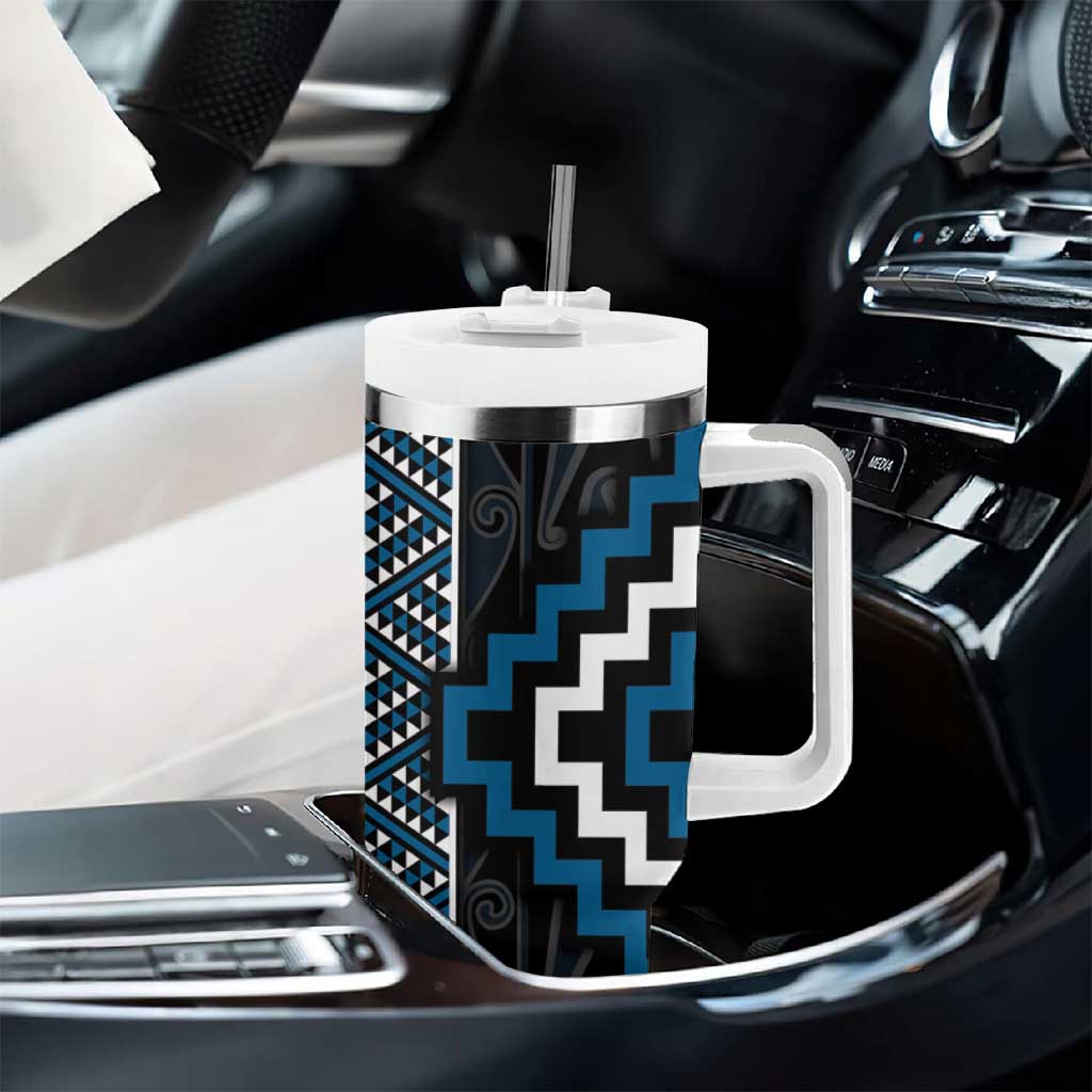 Azure Tukutuku Pattern Aotearoa Tumbler With Handle Niho Taniwha and Puhoro Motifs