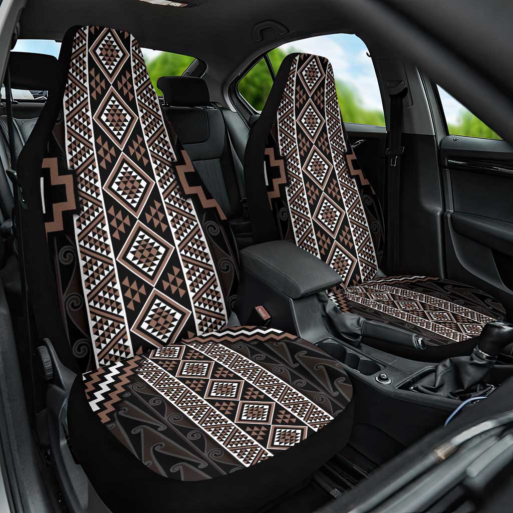 Classic Tukutuku Pattern Aotearoa Car Seat Cover Niho Taniwha and Puhoro Motifs LT7 One Size Brown - Polynesian Pride