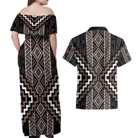 Classic Tukutuku Pattern Aotearoa Couples Matching Off Shoulder Maxi Dress and Hawaiian Shirt Niho Taniwha and Puhoro Motifs