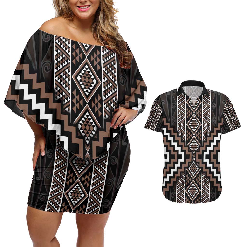 Classic Tukutuku Pattern Aotearoa Couples Matching Off Shoulder Short Dress and Hawaiian Shirt Niho Taniwha and Puhoro Motifs