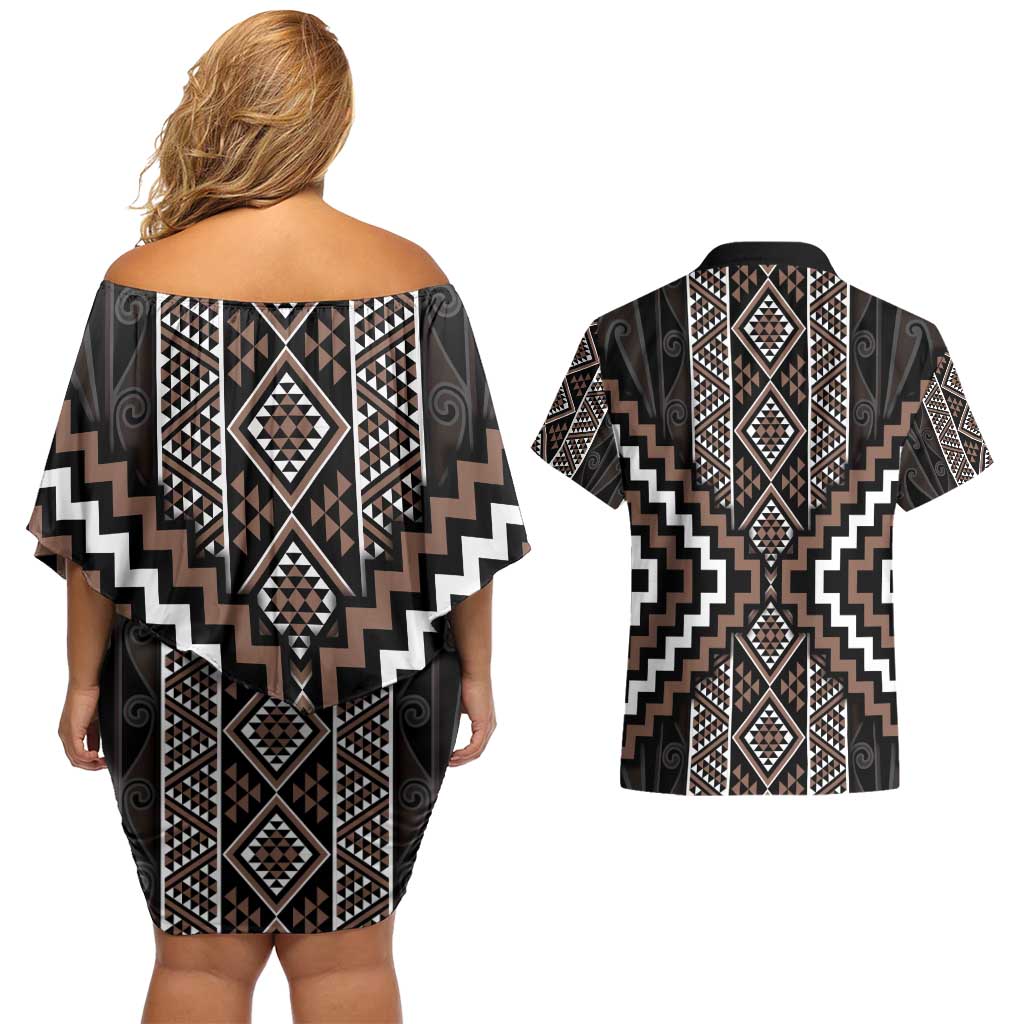 Classic Tukutuku Pattern Aotearoa Couples Matching Off Shoulder Short Dress and Hawaiian Shirt Niho Taniwha and Puhoro Motifs