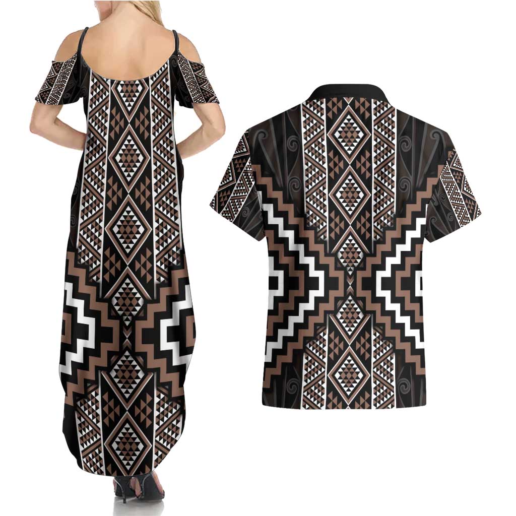 Classic Tukutuku Pattern Aotearoa Couples Matching Summer Maxi Dress and Hawaiian Shirt Niho Taniwha and Puhoro Motifs