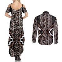 Classic Tukutuku Pattern Aotearoa Couples Matching Summer Maxi Dress and Long Sleeve Button Shirt Niho Taniwha and Puhoro Motifs