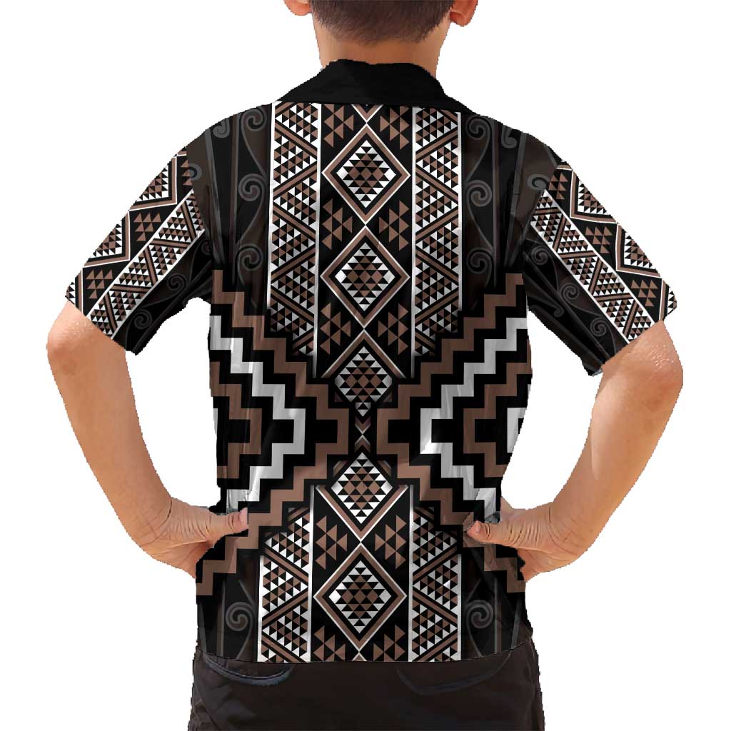 Classic Tukutuku Pattern Aotearoa Family Matching Off Shoulder Short Dress and Hawaiian Shirt Niho Taniwha and Puhoro Motifs LT7 - Polynesian Pride