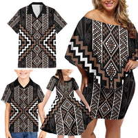 Classic Tukutuku Pattern Aotearoa Family Matching Off Shoulder Short Dress and Hawaiian Shirt Niho Taniwha and Puhoro Motifs LT7 - Polynesian Pride