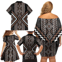 Classic Tukutuku Pattern Aotearoa Family Matching Off Shoulder Short Dress and Hawaiian Shirt Niho Taniwha and Puhoro Motifs LT7 - Polynesian Pride