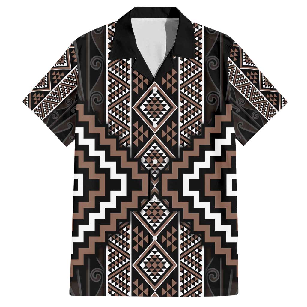Classic Tukutuku Pattern Aotearoa Family Matching Off Shoulder Short Dress and Hawaiian Shirt Niho Taniwha and Puhoro Motifs LT7 Dad's Shirt - Short Sleeve Brown - Polynesian Pride