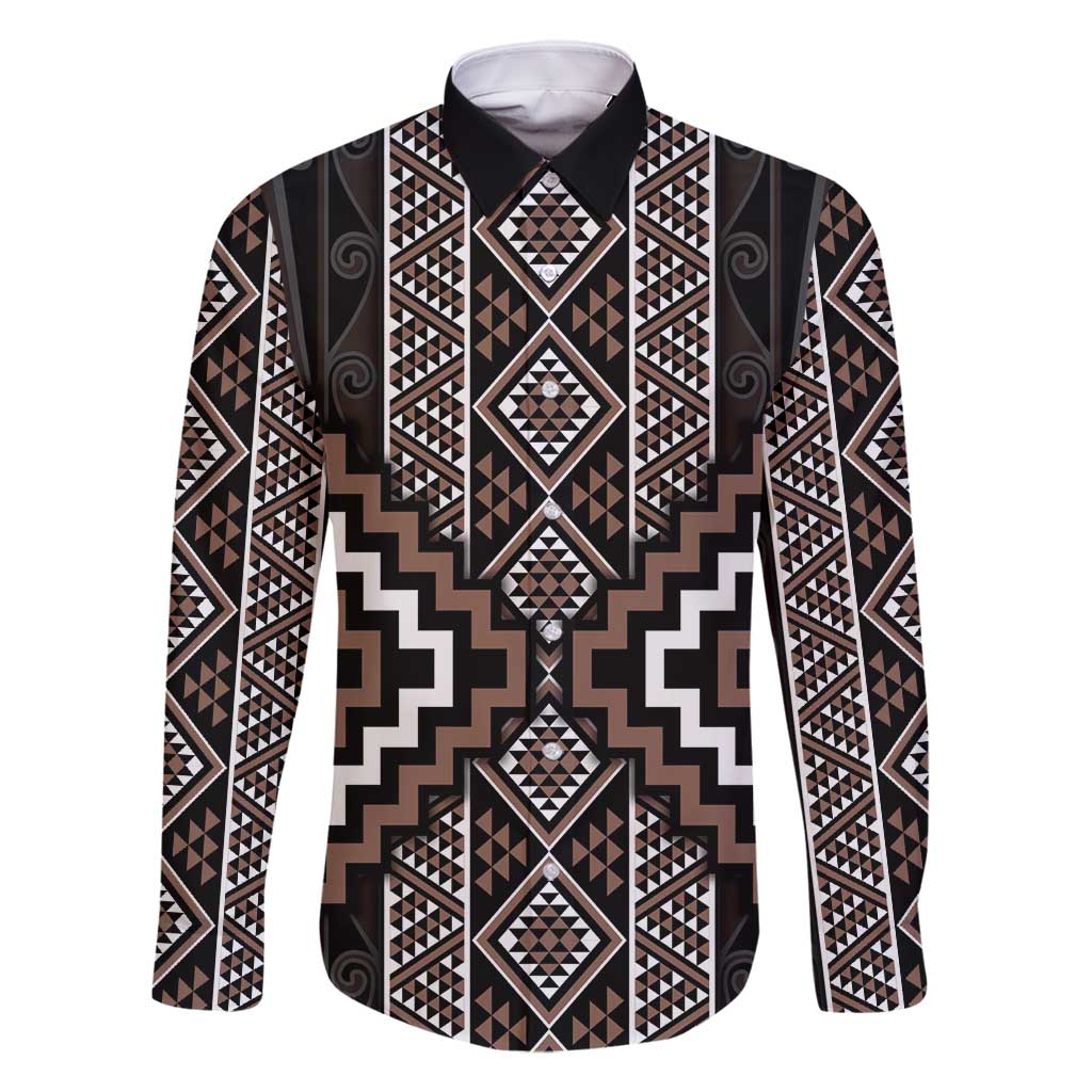 Classic Tukutuku Pattern Aotearoa Family Matching Off Shoulder Short Dress and Hawaiian Shirt Niho Taniwha and Puhoro Motifs LT7 Dad's Shirt - Long Sleeve Brown - Polynesian Pride