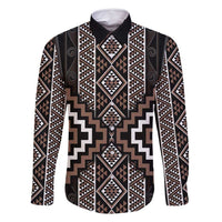 Classic Tukutuku Pattern Aotearoa Family Matching Off Shoulder Short Dress and Hawaiian Shirt Niho Taniwha and Puhoro Motifs LT7 Dad's Shirt - Long Sleeve Brown - Polynesian Pride