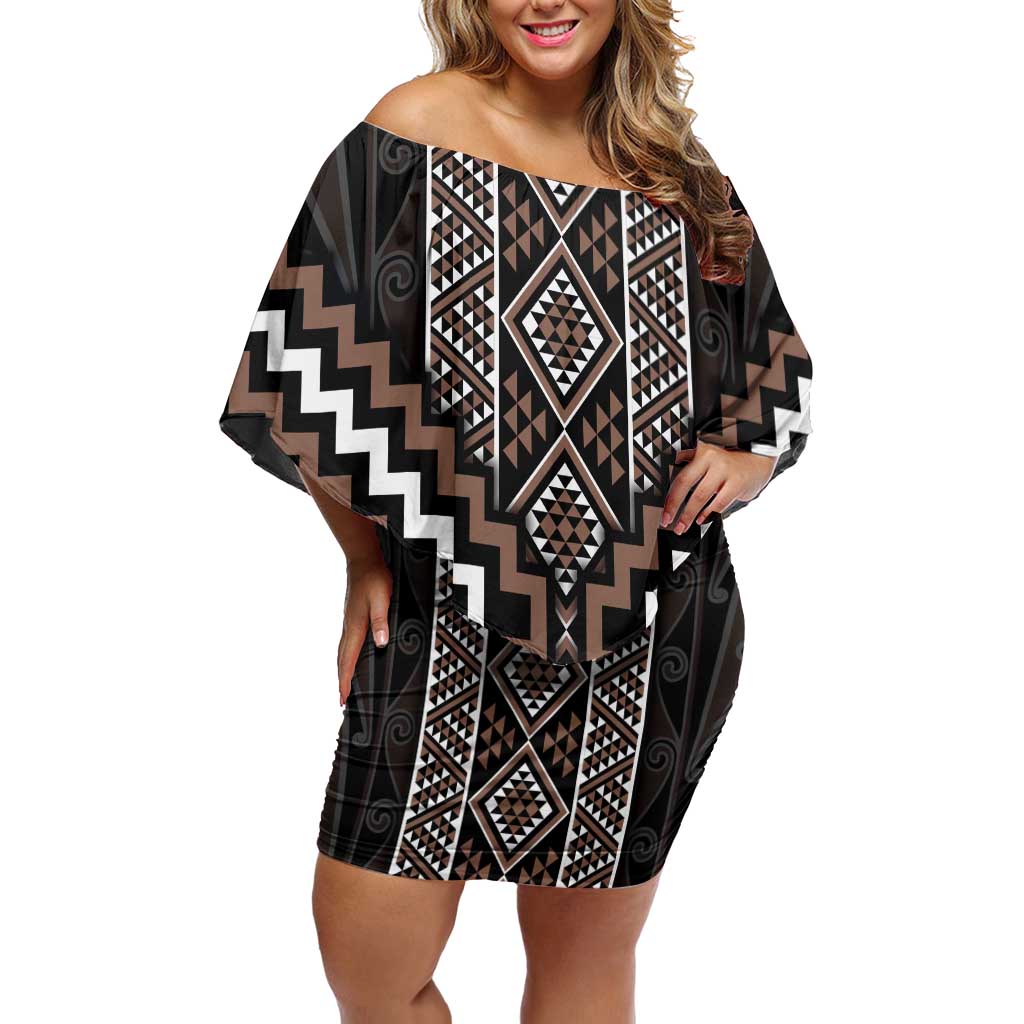 Classic Tukutuku Pattern Aotearoa Family Matching Off Shoulder Short Dress and Hawaiian Shirt Niho Taniwha and Puhoro Motifs LT7 Mom's Dress Brown - Polynesian Pride
