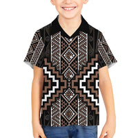 Classic Tukutuku Pattern Aotearoa Family Matching Off Shoulder Short Dress and Hawaiian Shirt Niho Taniwha and Puhoro Motifs LT7 Son's Shirt Brown - Polynesian Pride
