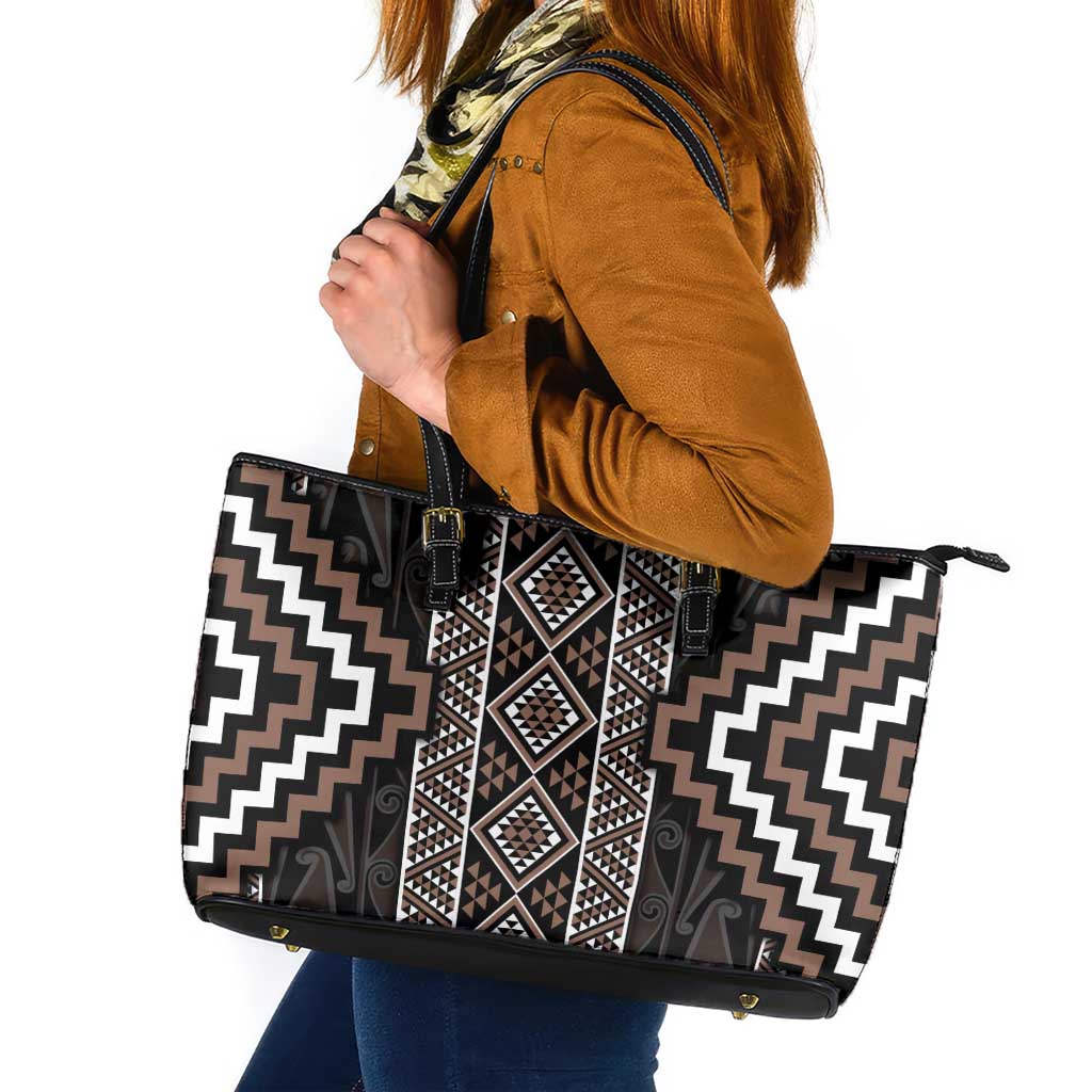 Classic Tukutuku Pattern Aotearoa Leather Tote Bag Niho Taniwha and Puhoro Motifs