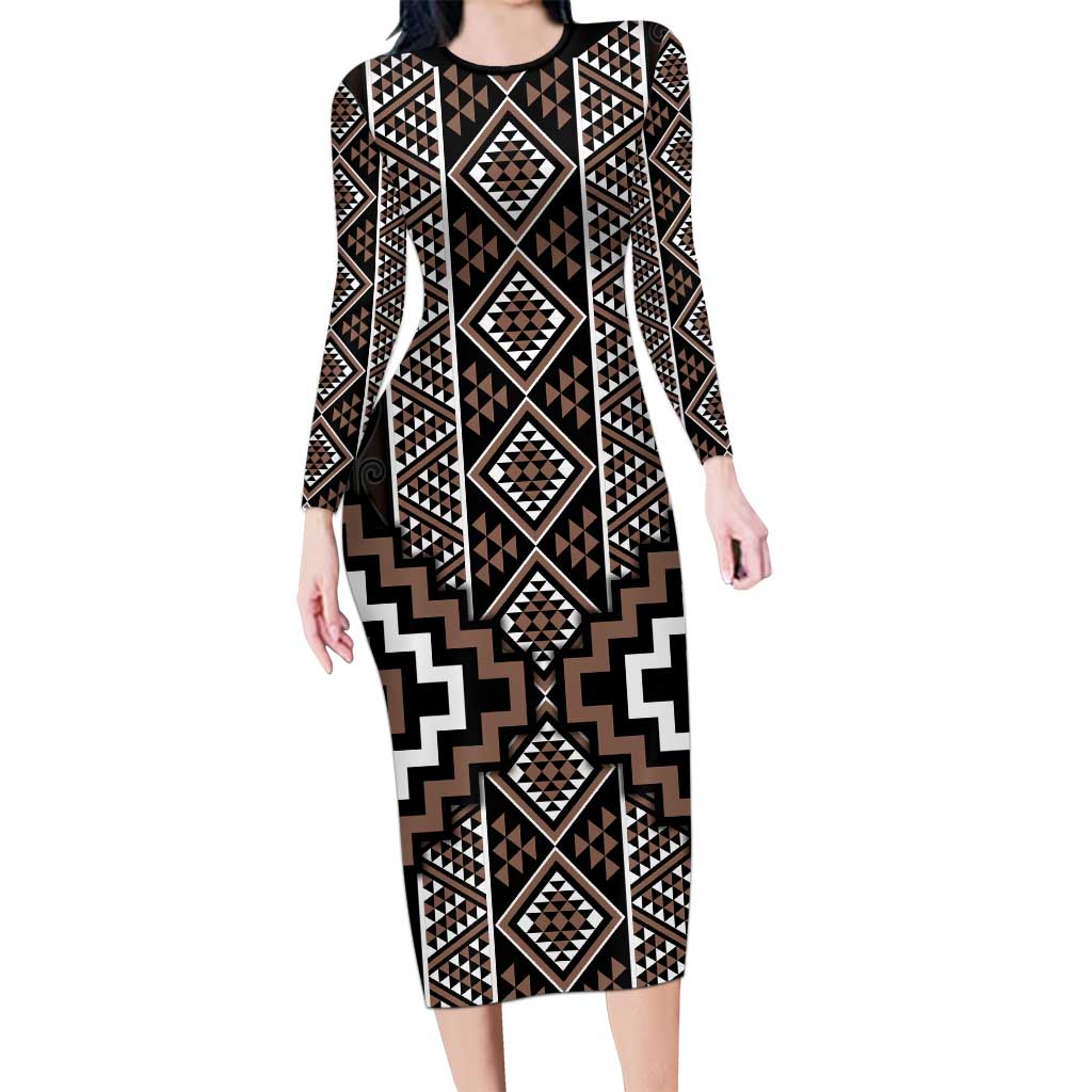 Classic Tukutuku Pattern Aotearoa Long Sleeve Bodycon Dress Niho Taniwha and Puhoro Motifs LT7 Long Dress Brown - Polynesian Pride