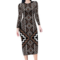 Classic Tukutuku Pattern Aotearoa Long Sleeve Bodycon Dress Niho Taniwha and Puhoro Motifs LT7 Long Dress Brown - Polynesian Pride