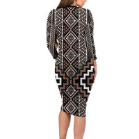 Classic Tukutuku Pattern Aotearoa Long Sleeve Bodycon Dress Niho Taniwha and Puhoro Motifs LT7 - Polynesian Pride