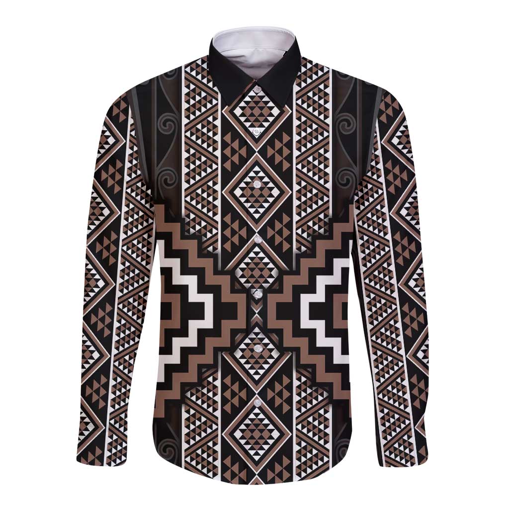Classic Tukutuku Pattern Aotearoa Long Sleeve Button Shirt Niho Taniwha and Puhoro Motifs
