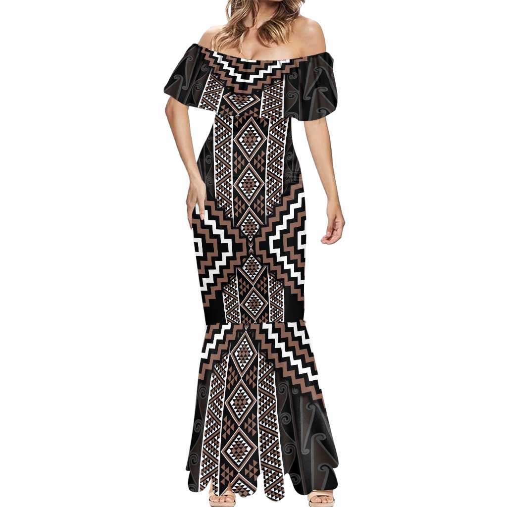 Classic Tukutuku Pattern Aotearoa Mermaid Dress Niho Taniwha and Puhoro Motifs LT7 - Polynesian Pride