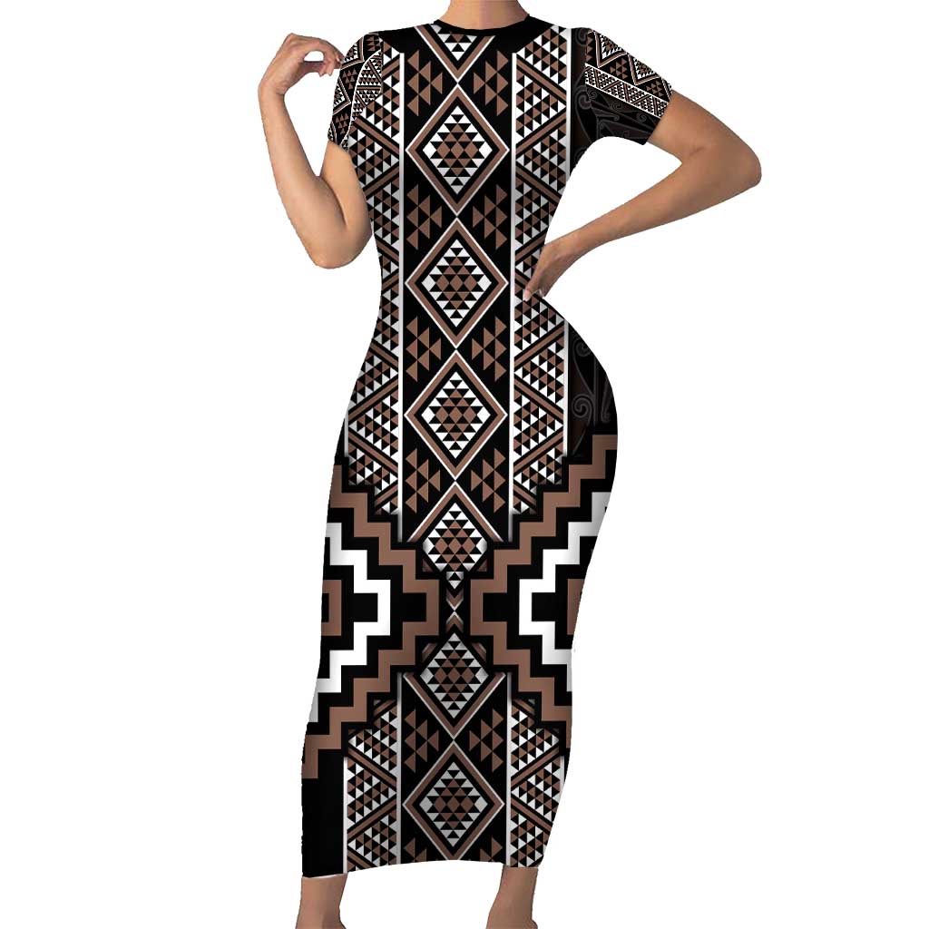 Classic Tukutuku Pattern Aotearoa Short Sleeve Bodycon Dress Niho Taniwha and Puhoro Motifs LT7 Long Dress Brown - Polynesian Pride